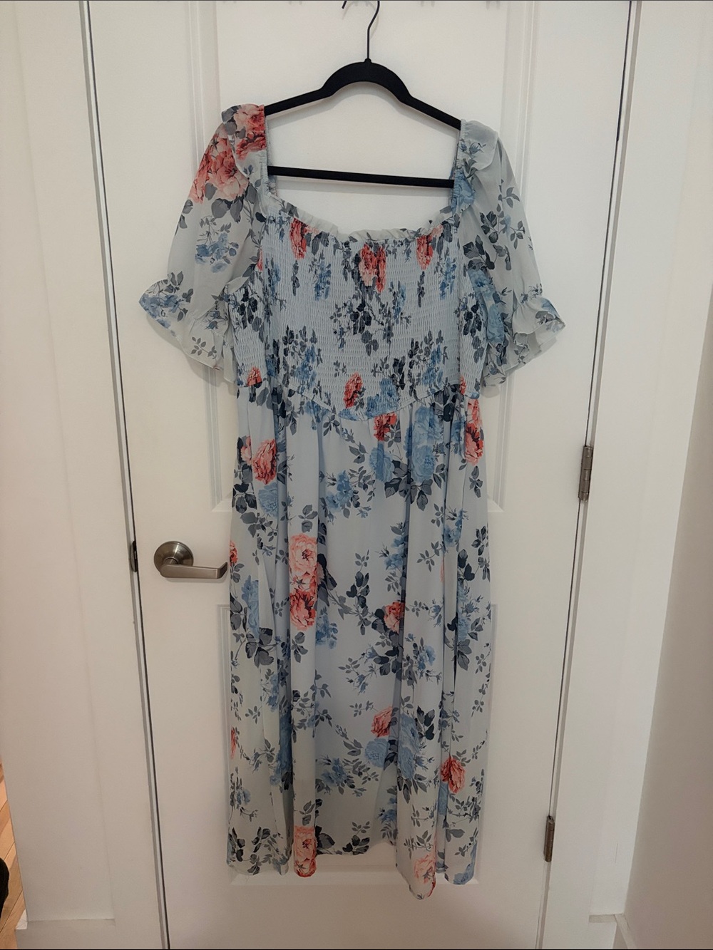Light Blue Floral Maxi Dress with Puff Sleeves